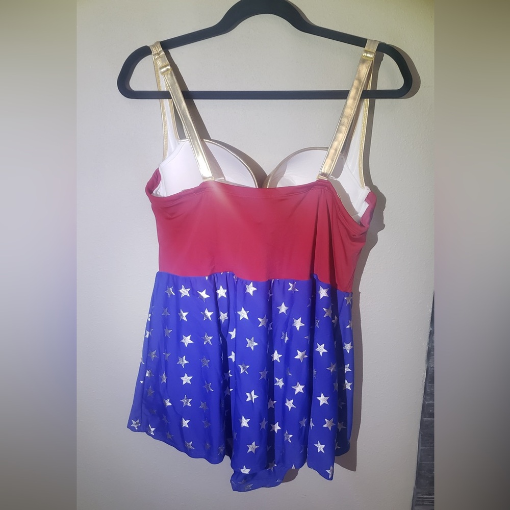 Wonder Woman Torrid Red, Gold, and Blue Star One-Piece Swimsuit - Picture 2 of 3